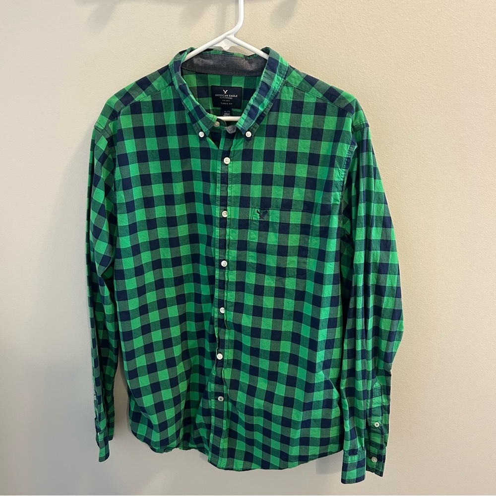 American Eagle Outfitters Green and Blue Checked Dress Shirt -Classic Fit